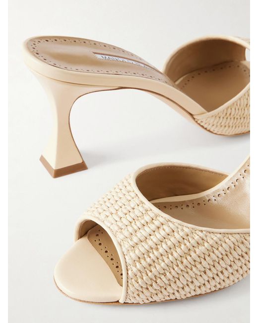 Manolo Blahnik Natural Jadara 70 Leather-Trimmed Raffia Mules