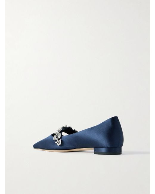 Manolo Blahnik Blue Tamolflat 10 Ballerinas Mit Spitzer Kappe Aus Satin Mit Kristallen