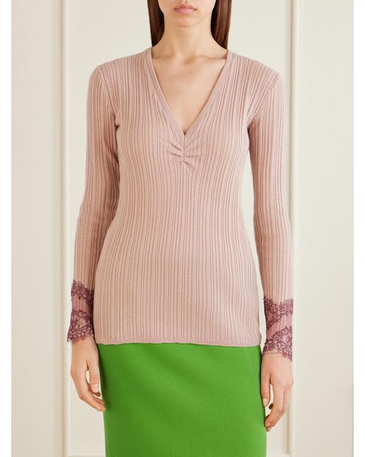 Valentino Garavani Pink Lace-Trimmed Ribbed Cashmere Sweater