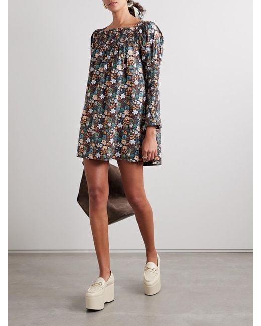 Doen Blue Sabia Shirred Floral-Print Organic Cotton-Poplin Mini Dress