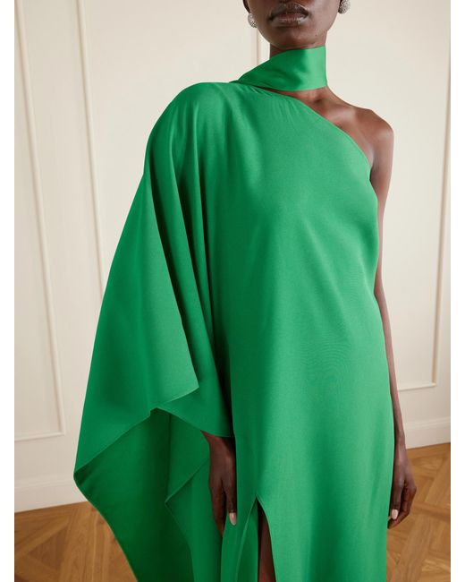 Taller Marmo Green Paloma One-Shoulder Scarf-Detailed Crepe-Cady Gown