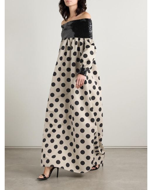 Dima Ayad Black Off-The-Shoulder Tulle-Paneled Sequined Polka-Dot Satin Maxi Dress