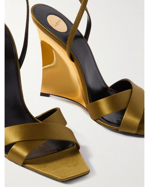 Saint Laurent Metallic Lucienne Leather-Trimmed Satin Wedge Sandals