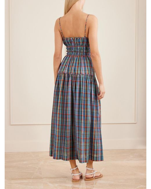 Doen Blue Brielle Gathered Checked Organic Cotton Midi Dress