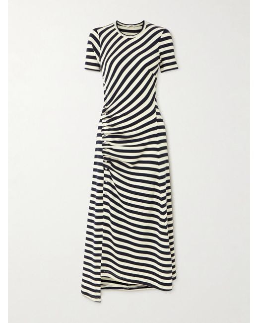Rabanne White Gathered Embellished Striped Wool-Blend Midi Dress