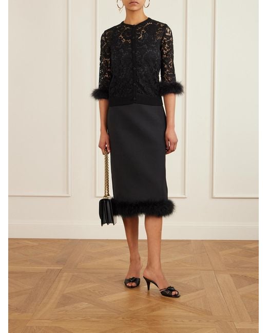Valentino Garavani Black Feather-Trimmed Cotton Corded Lace Cardigan