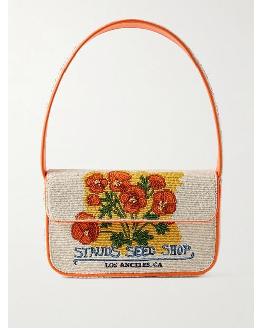 Staud White Tommy Vegan-Trimmed Bead-Embellished Embroidered Satin Shoulder Bag