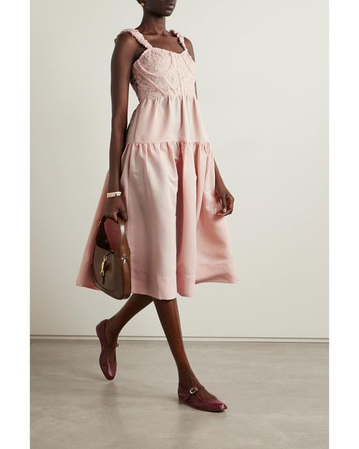 Sea Pink Evita Embroidered Taffeta Midi Dress