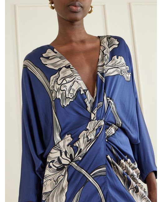 ANDRES OTALORA Blue Olanna Printed Gathered Cotton Maxi Dress