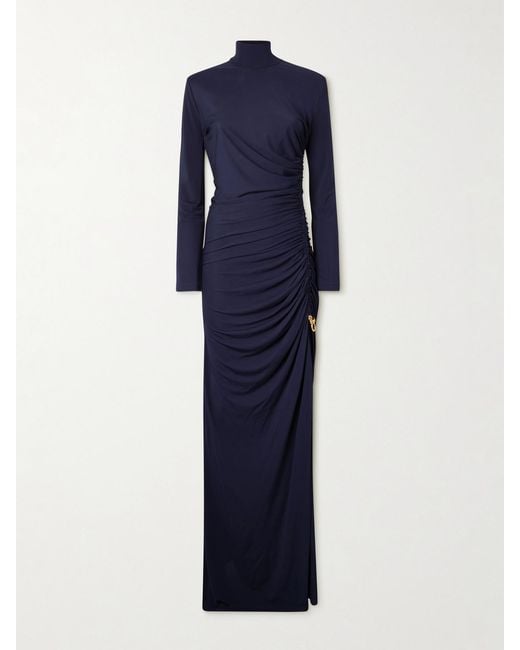 Bottega Veneta Blue Embellished Ruched Jersey Turtleneck Maxi Dress