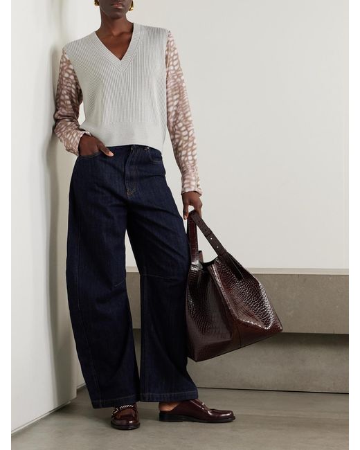Dries Van Noten White Ribbed-Knit And Printed Satin Sweater
