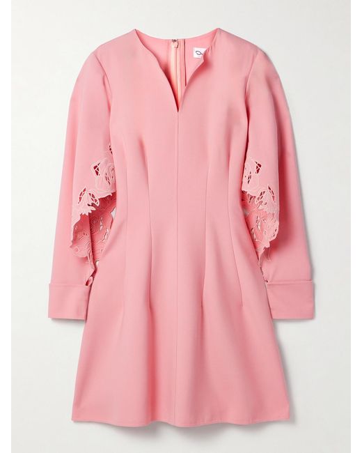 Oscar de la Renta Pink Cutout Guipure Lace-Trimmed Wool-Blend Crepe Mini Dress
