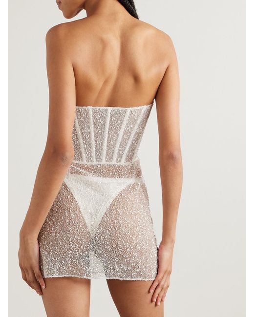 Kiki de Montparnasse Natural Ange Strapless Embellished Lace Mini Dress