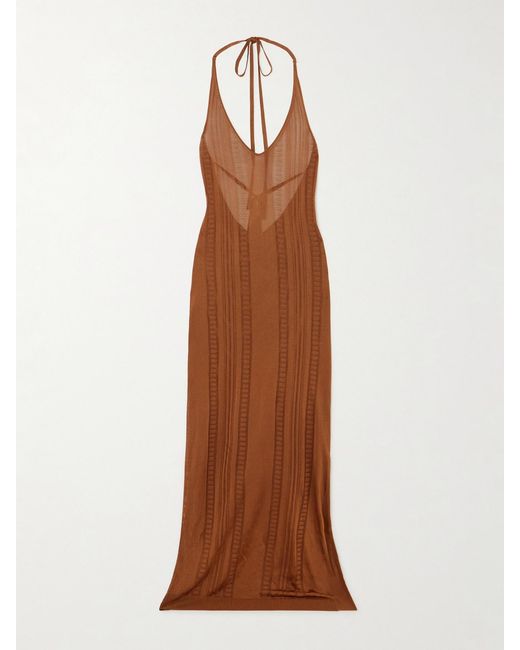 Donde Esteban Brown Guayabera Pointelle-Knit Maxi Dress