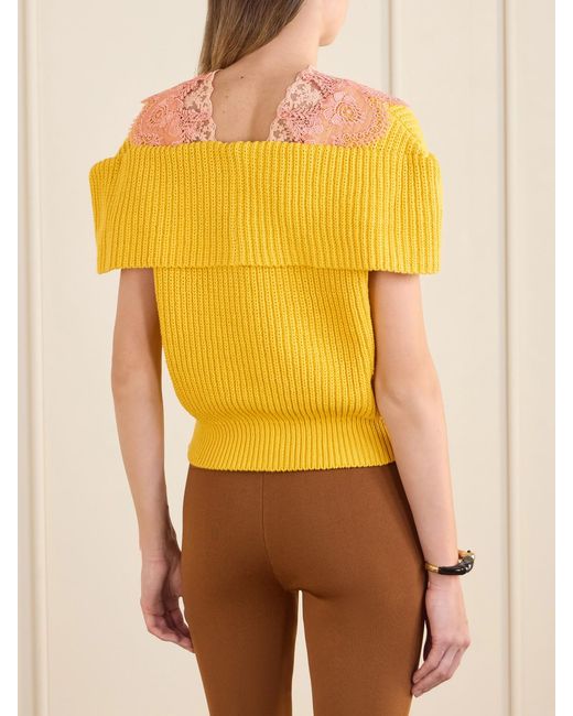 Chloé Yellow Lace-Trimmed Ribbed-Knit Cotton Cardigan
