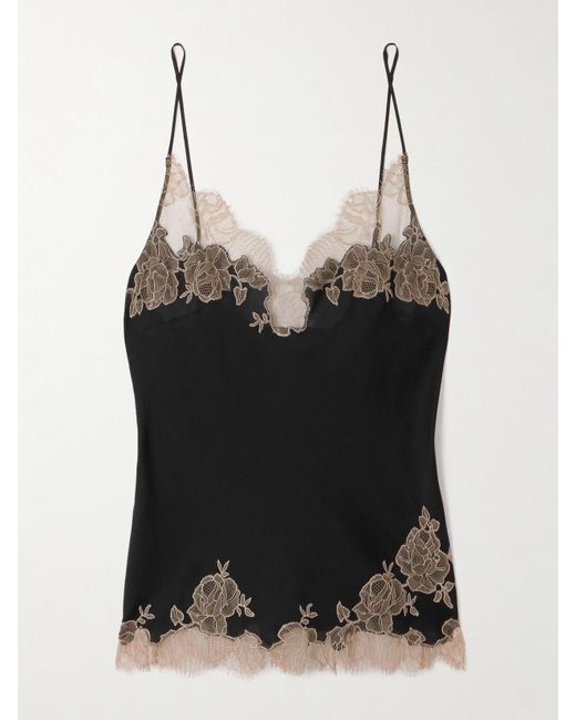Carine Gilson Black Lace-Trimmed Silk-Satin Camisole