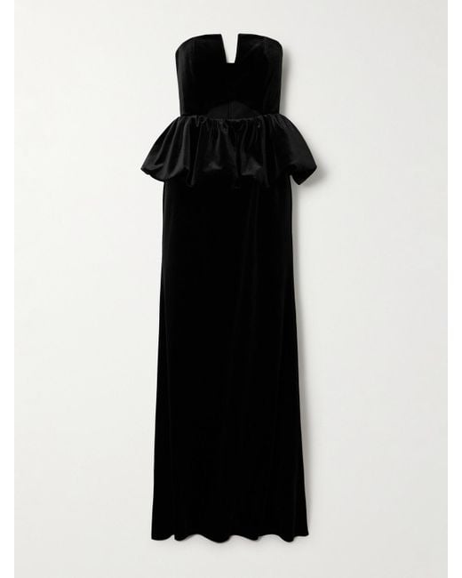 Self-Portrait Black Strapless Cutout Velvet Peplum Maxi Dress