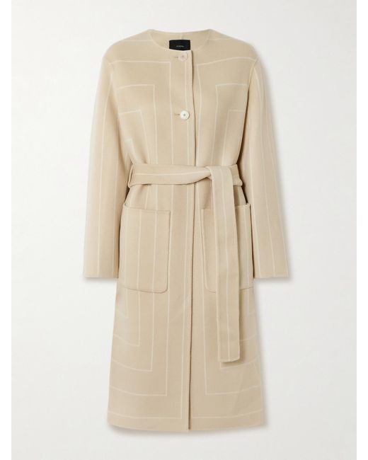 Joseph Natural Scheffer Belted Striped Wool And Silk-Blend Coat