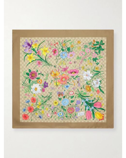 Gucci Gray Flora Printed Silk-Twill Scarf