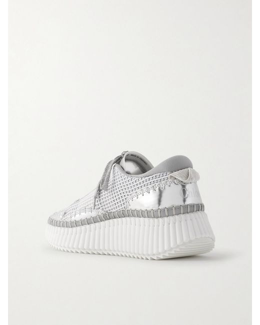 Chloé White Nama Metallic Leather-Trimmed Mesh Sneakers
