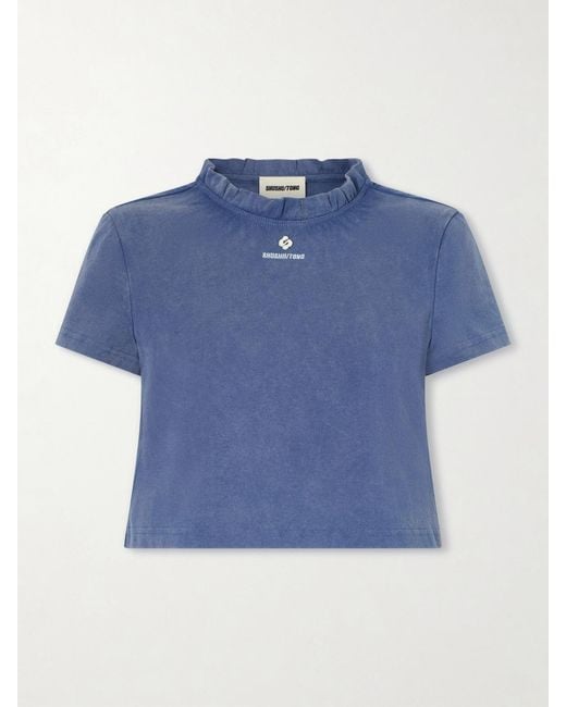 ShuShu/Tong Blue Embroidered Lace-Trimmed Cotton T-Shirt