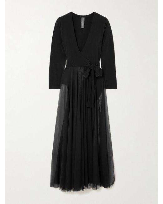 Norma Kamali Black Pleated Mesh-Trimmed Stretch-Jersey Midi Dress
