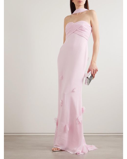 Self-Portrait Pink Scarf-Detailed Strapless Appliquéd Georgette Gown