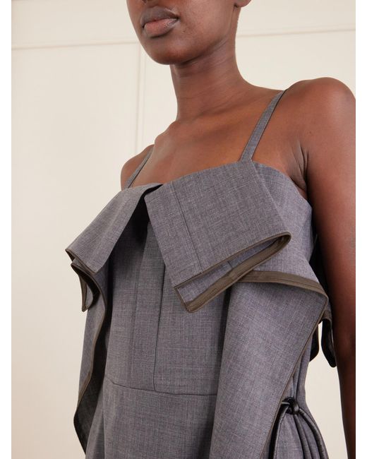Sacai Gray Pleated Ruffled Wool Midi Dress
