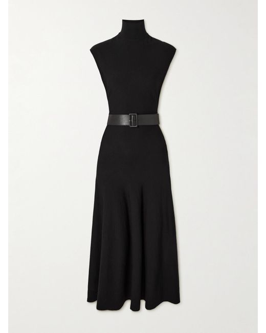 Alaïa Black Midikleid Aus Einer Wollmischung Mit Rollkragen Und Ledergürtel
