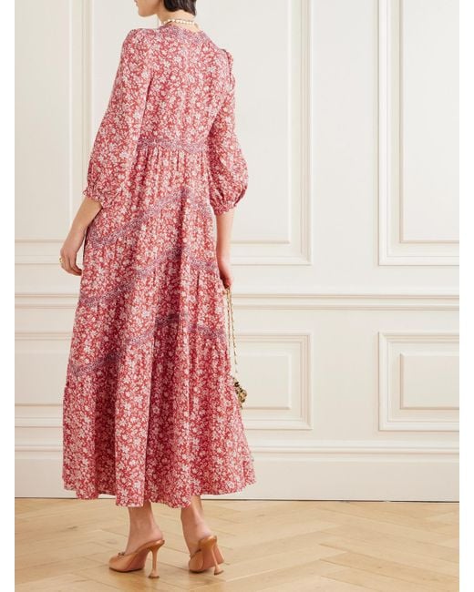 Loretta Caponi Pienza Tiered Lace-Trimmed Floral-Print Lyocell Midi Dress