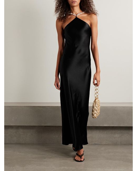 STAUD Cadence Embellished Satin Maxi Dress in Black | Lyst