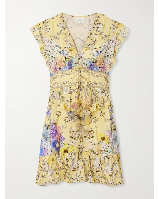 Camilla Yellow Appliquéd Embellished Floral-Print Linen-Voile Mini Dress