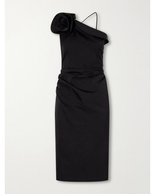Magda Butrym Black One-Shoulder Appliquéd Gathered Cotton And Silk-Blend Knee-Length Dress