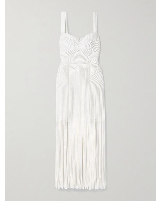 Jonathan Simkhai White Darby Midikleid Aus Tüll Mit Fransen Und Applikationen