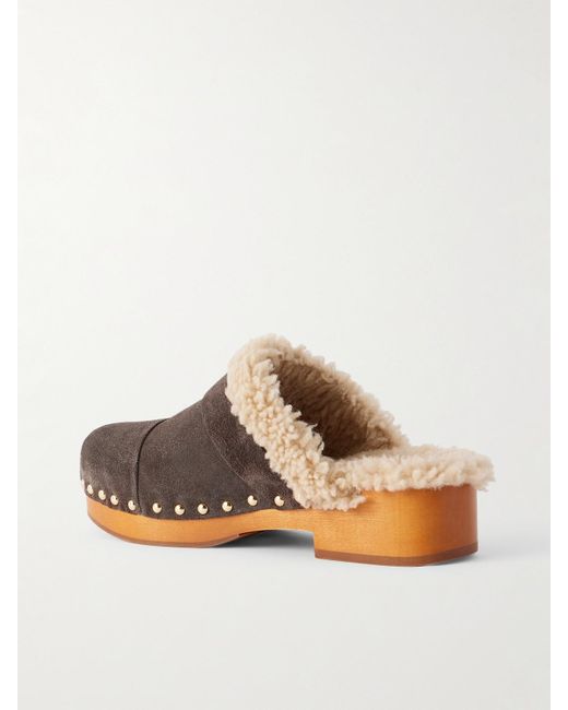 Chloé Brown Jeannette Embellished Shearling-Lined Suede Clogs