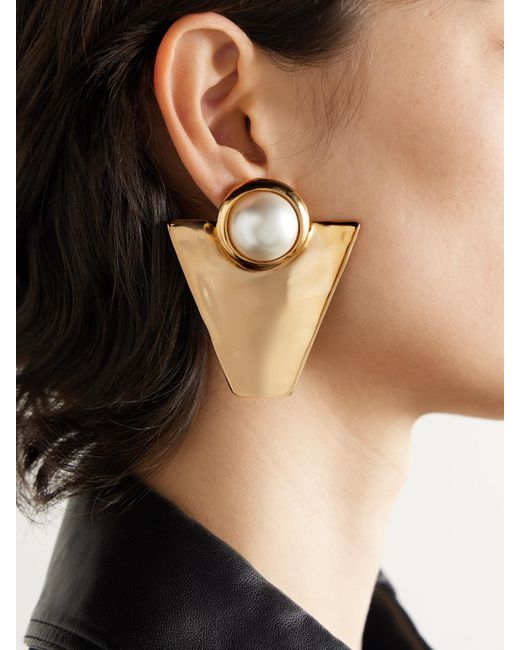 Saint Laurent White Goldfarbene Ohrclips Mit Kunstperlen