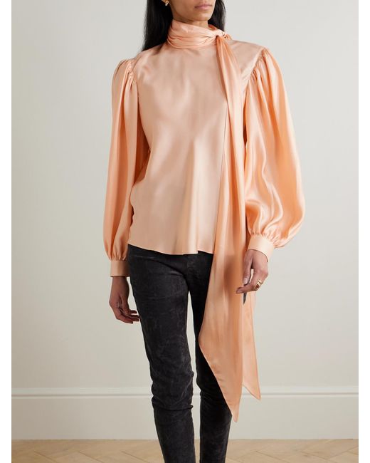 Gucci Pink Tie-Neck Draped Gathered Silk Satin-Twill Blouse