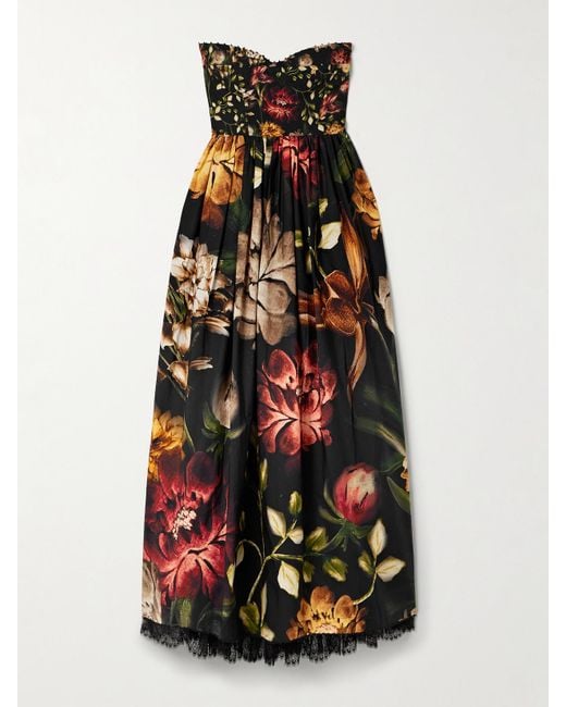 Agua Bendita White Tonia Paramo Strapless Lace-Trimmed Embellished Floral-Print Cotton-Poplin Midi Dress