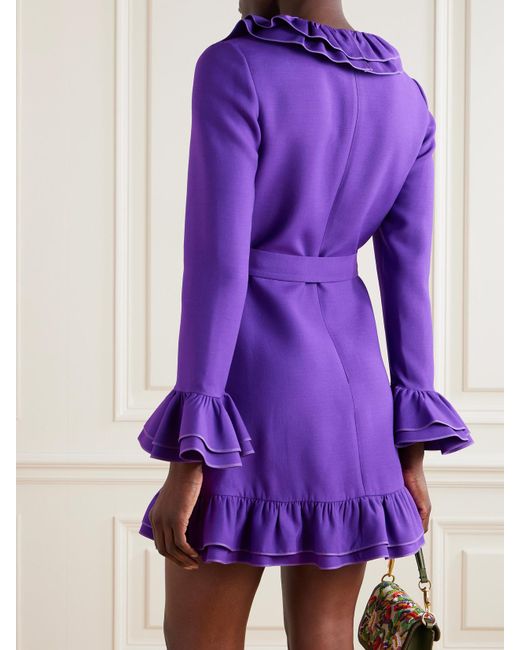 Valentino Garavani Purple Minikleid Aus Crêpe Aus Einer Woll-Seidenmischung Mit Volants Und Bindegürtel