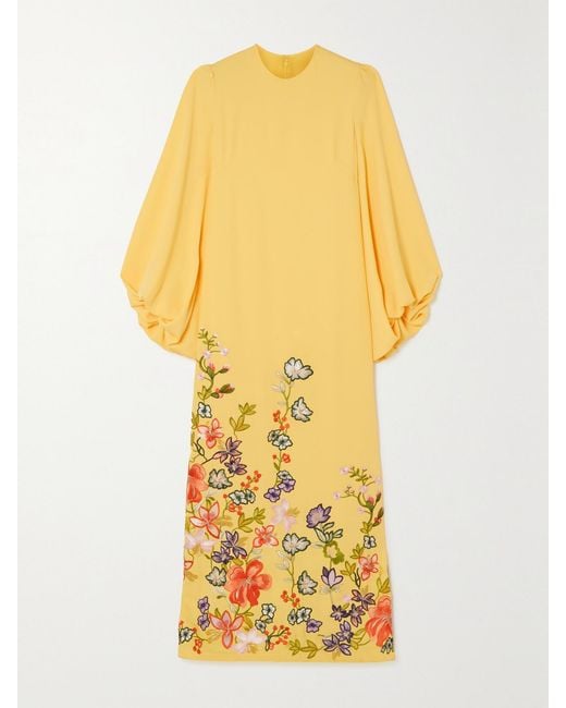 Costarellos Yellow Zinnia Embroidered Crepe Gown