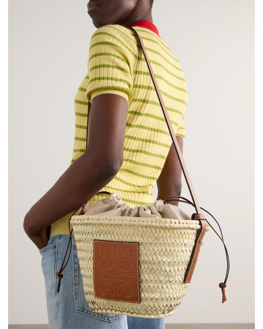Loewe Paula's Ibiza Leather-Trimmed Raffia Bucket Bag in Natural | Lyst