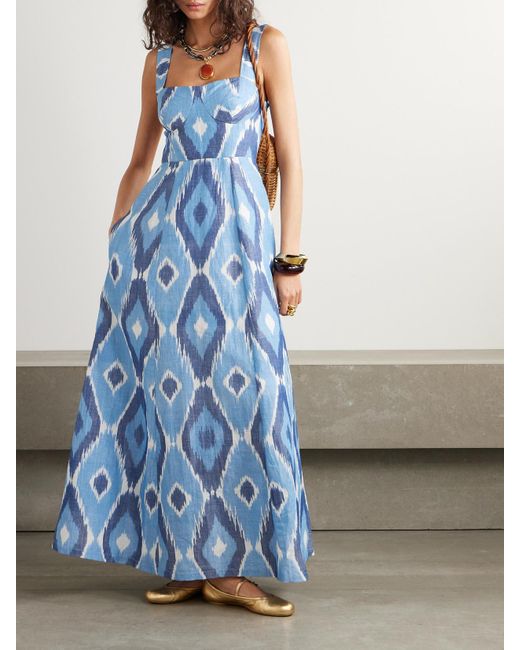 Emporio Sirenuse Blue Azzurra Open-Back Printed Hemp And Cotton-Blend Maxi Dress