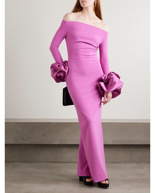 Solace London Pink Talia Off-The-Shoulder Faille-Trimmed Crepe Gown