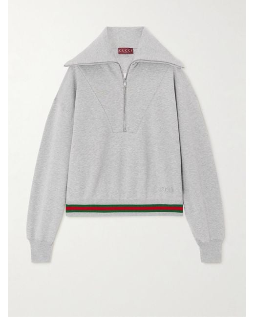 Gucci Gray Appliquéd Striped Cotton-Jersey Half-Zip Sweatshirt