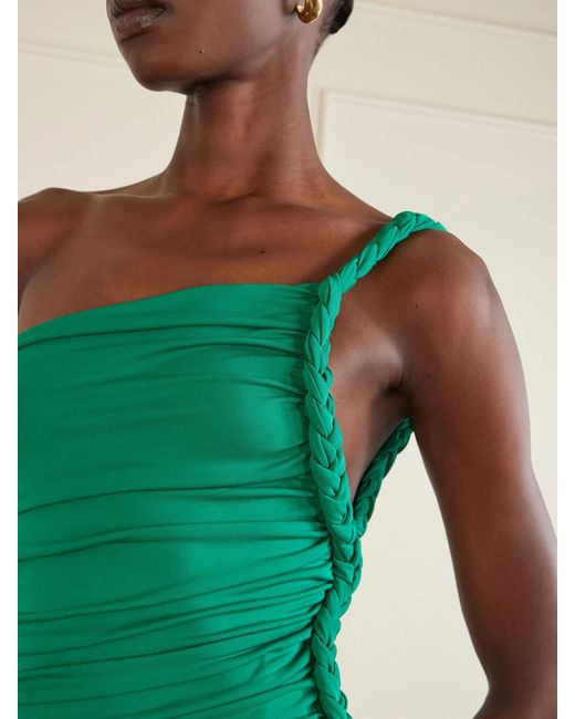 Jonathan Simkhai Green Alessia One-Shoulder Asymmetric Tasseled Ruched Stretch-Jersey Midi Dress
