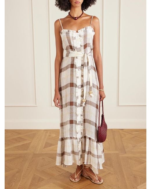 Lisa Marie Fernandez Natural Belted Embellished Tiered Ruffled Checked Linen-Blend Gauze Maxi Dress