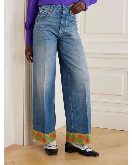 Valentino Garavani Blue Metallic Jacquard-Trimmed High-Rise Wide-Leg Jeans