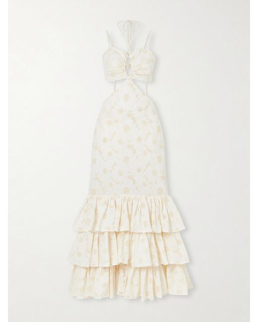 Christiano Marchelli Natural Penelope Open-Back Cutout Ruffled Tiered Broderie Anglaise Cotton Maxi Dress