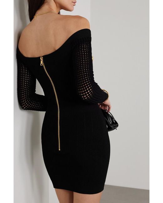 Balmain Black Schulterfreies Minikleid Aus Strick Mit Zierknöpfen