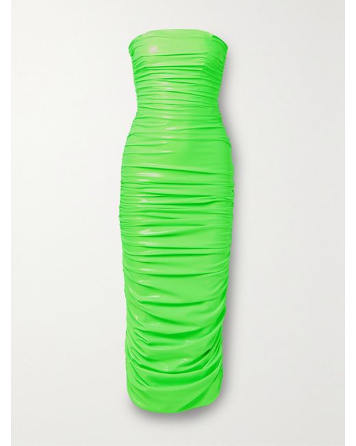 Sergio Hudson Green Strapless Ruched Neon Coated Stretch-Jersey Midi Dress